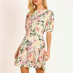 FAITHFULL The Brand Sidonie Floral Mini Dress‎ Yellow Size 6 Medium Puff Sleeve